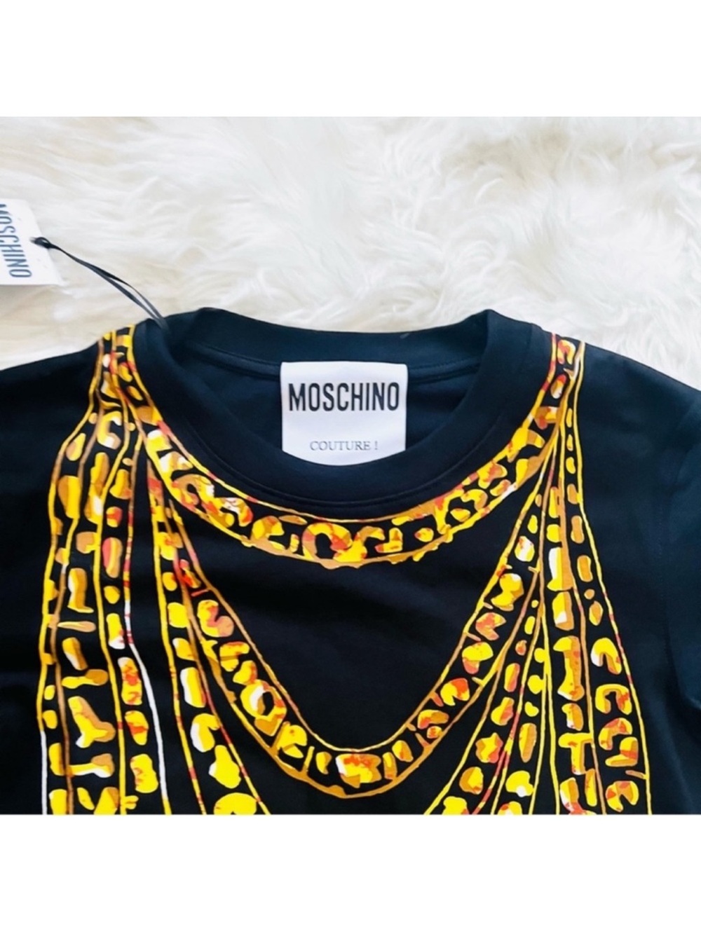New! Moschino Couture Chain Print Graphic T-Shirt Black Gold Statement Tee - Picture 5 of 9
